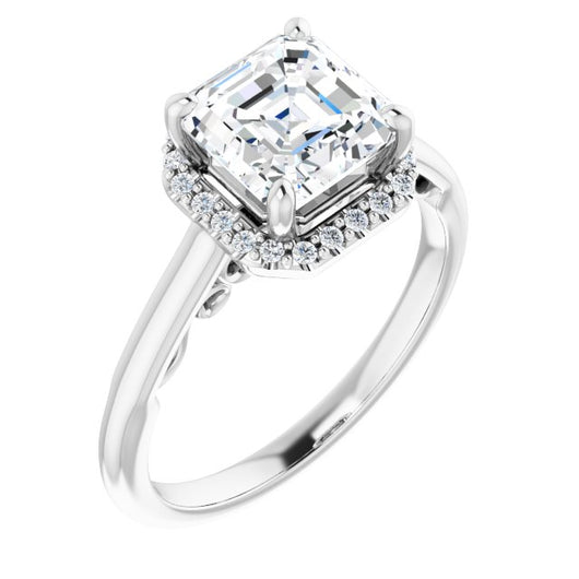 10K White Gold Customizable Cathedral-Halo Asscher Cut Style featuring Sculptural Trellis