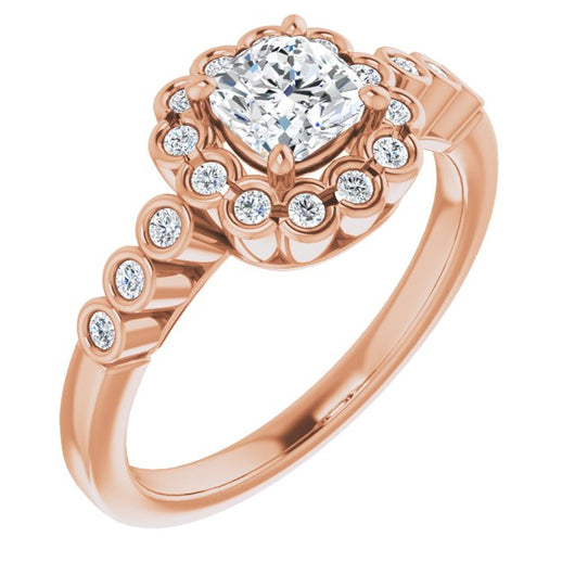 10K Rose Gold Customizable Cushion Cut Design with Round-bezel Halo and Band Accents