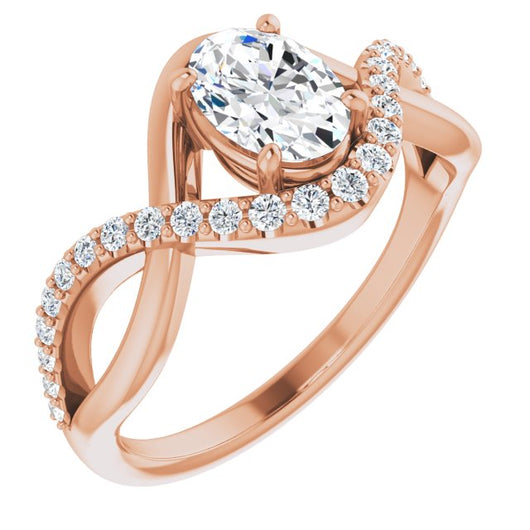 10K Rose Gold Customizable Oval Cut Design with Semi-Accented Twisting Infinity Bypass Split Band and Half-Halo