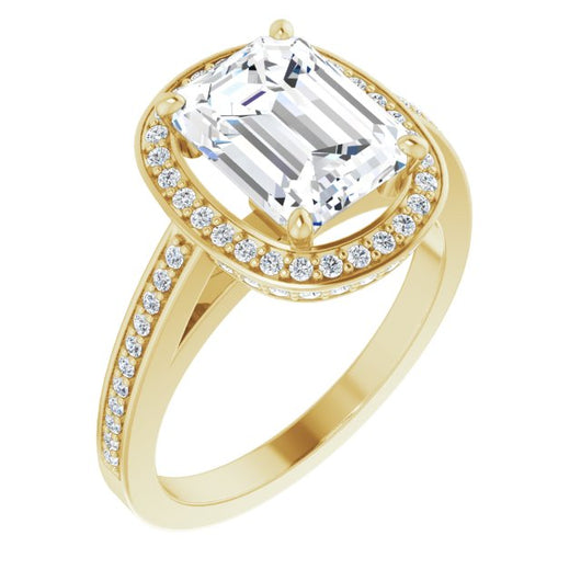 10K Yellow Gold Customizable Cathedral-set Emerald/Radiant Cut Design with Halo, Thin Pavé Band & Round-Bezel Peekaboos