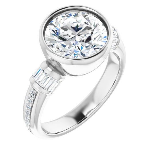 10K White Gold Customizable Cathedral-Bezel Round Cut Style with Horizontal Baguettes & Shared Prong Band