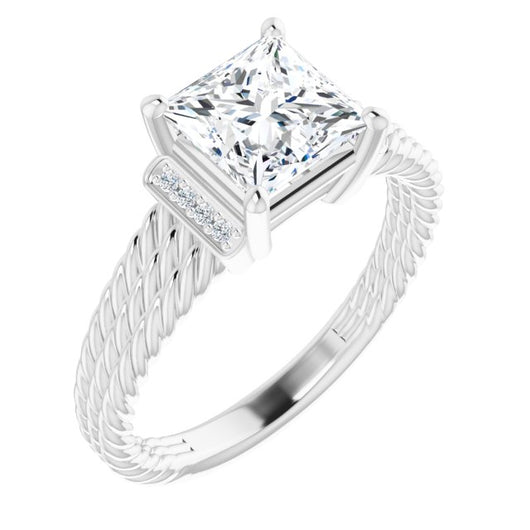 10K White Gold Customizable 11-stone Design featuring Princess/Square Cut Center, Vertical Round-Channel Accents & Wide Triple-Rope Band