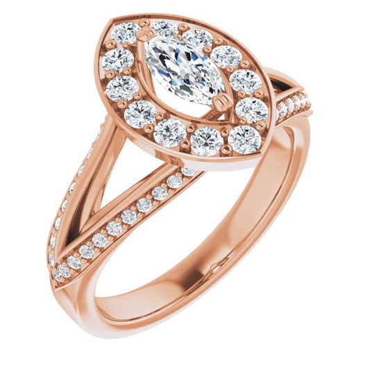 10K Rose Gold Customizable Marquise Cut Center with Large-Accented Halo and Split Shared Prong Band