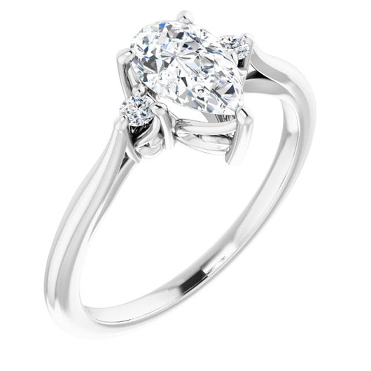 10K White Gold Customizable Three-stone Pear Cut Design with Small Round Accents and Vintage Trellis/Basket