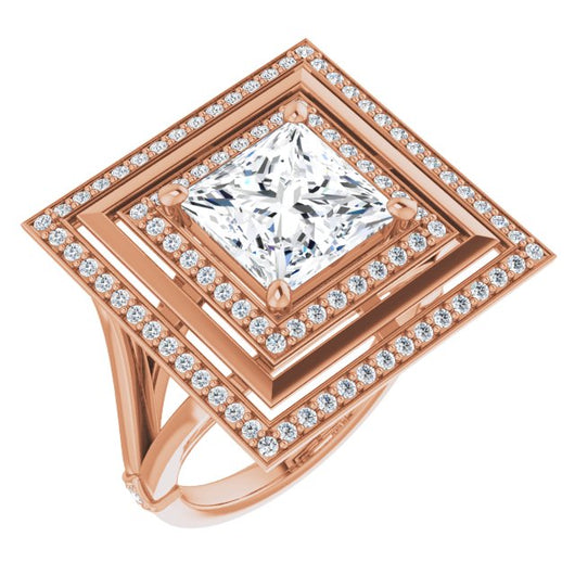 10K Rose Gold Customizable Princess/Square Cut Oversized 2x Halo Style with Knuckle Accented Split Band