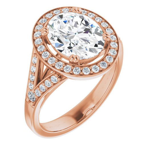 10K Rose Gold Customizable Cathedral-set Oval Cut Style with Accented Split Band and Halo