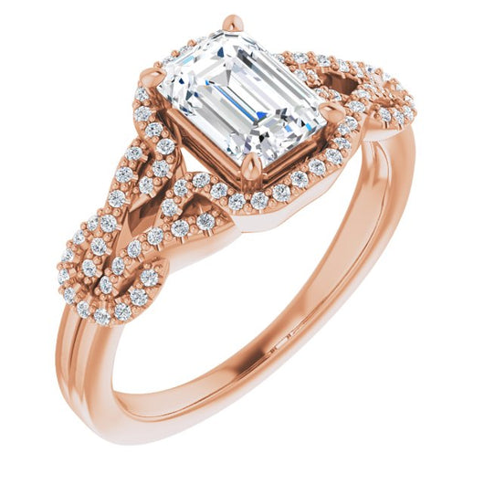 10K Rose Gold Customizable Emerald/Radiant Cut Design with Intricate Over-Under-Around Pavé Accented Band