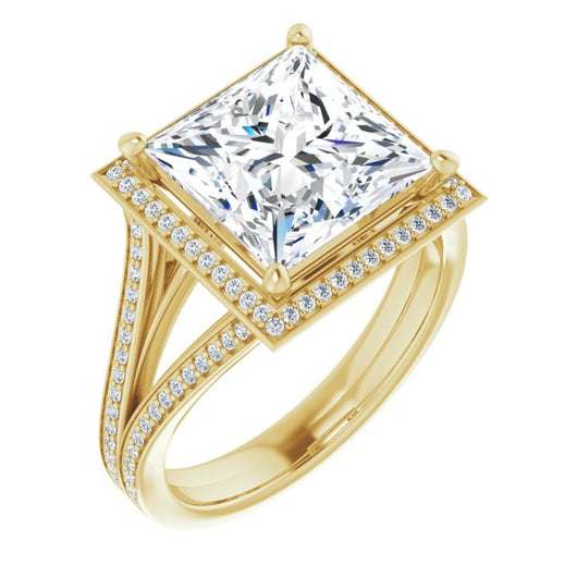 10K Yellow Gold Customizable Princess/Square Cut Design with Split-Band Shared Prong & Halo