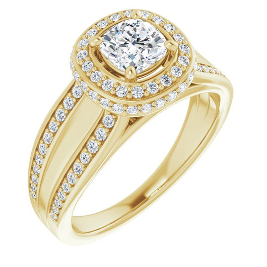 10K Yellow Gold Customizable Halo-style Cushion Cut with Under-halo & Ultra-wide Band