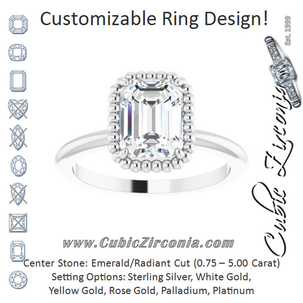 Cubic Zirconia Engagement Ring- The Jubilee (Customizable Emerald Cut Solitaire with Beaded Metallic Milgrain)