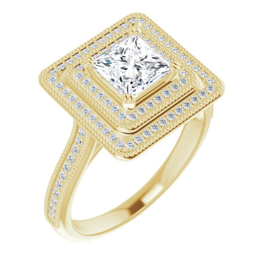 10K Yellow Gold Customizable Princess/Square Cut Design with Elegant Double Halo, Houndstooth Milgrain and Band-Channel Accents