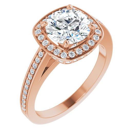 10K Rose Gold Customizable Cathedral-set Round Cut Design with Halo, Thin Pavé Band & Round-Bezel Peekaboos