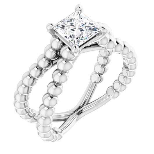 10K White Gold Customizable Princess/Square Cut Solitaire with Wide Beaded Split-Band