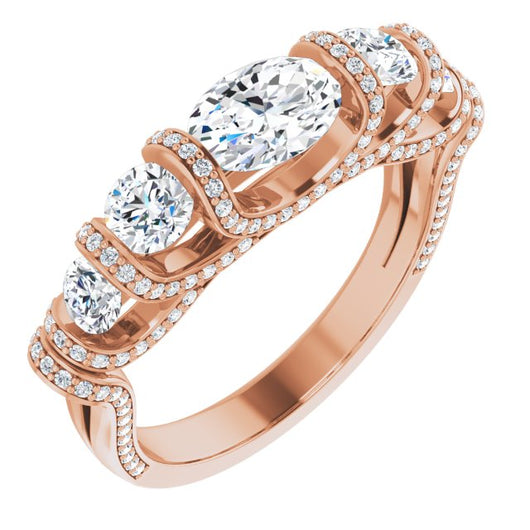 10K Rose Gold Customizable Bar-set Oval Cut 5-stone Design Plus Grandiose Pavé Accents