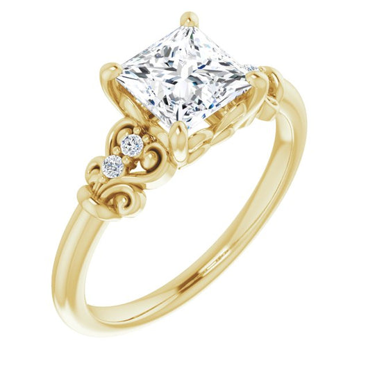 10K Yellow Gold Customizable Vintage 5-stone Design with Princess/Square Cut Center and Artistic Band Décor