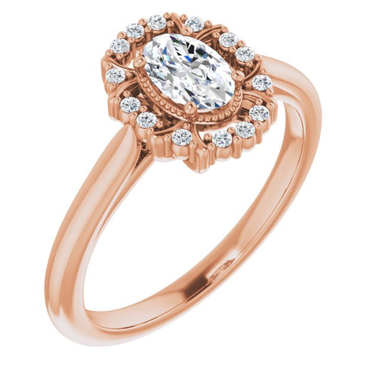 10K Rose Gold Customizable Oval Cut Design with Majestic Crown Halo and Raised Illusion Setting