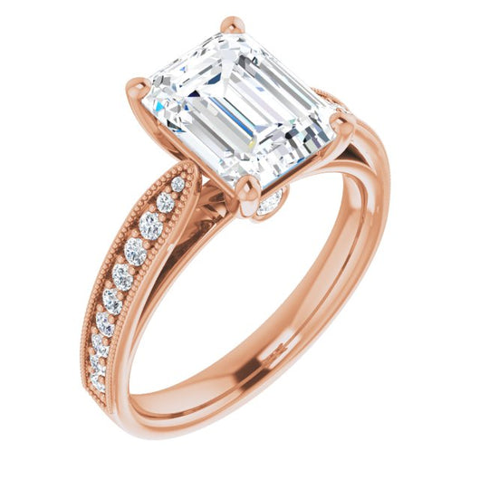 10K Rose Gold Customizable Emerald/Radiant Cut Style featuring Milgrained Shared Prong Band & Dual Peekaboos