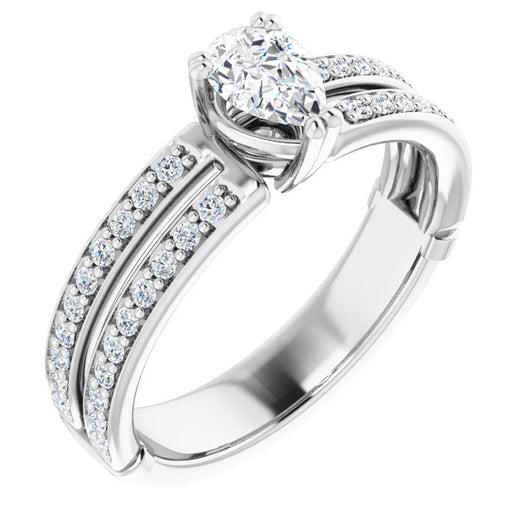 14K White Gold Customizable Pear Cut Design featuring Split Band with Accents