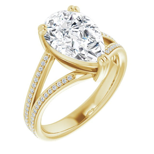 10K Yellow Gold Customizable Pear Cut Center with 100-stone* "Waterfall" Pavé Split Band