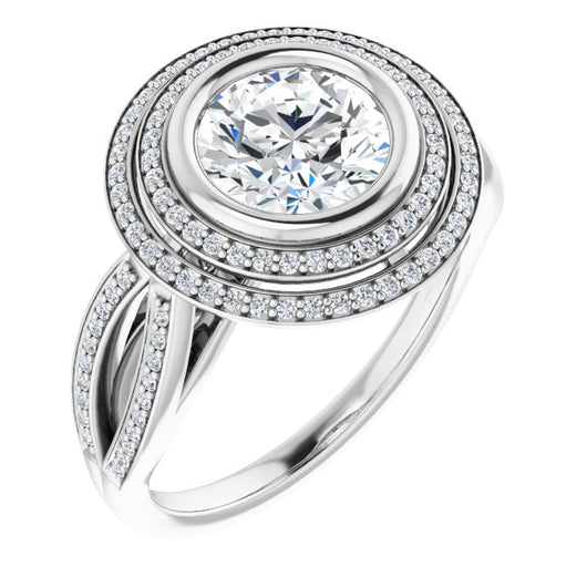 10K White Gold Customizable Bezel-set Round Cut Style with Double Halo and Split Shared Prong Band