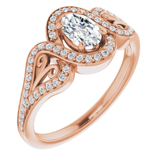 10K Rose Gold Customizable Oval Cut Design with Bypass Halo and Split-Shared Prong Band