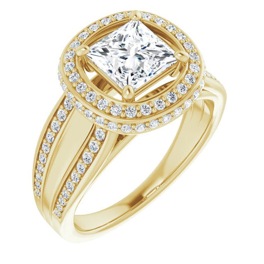 10K Yellow Gold Customizable Halo-style Princess/Square Cut with Under-halo & Ultra-wide Band