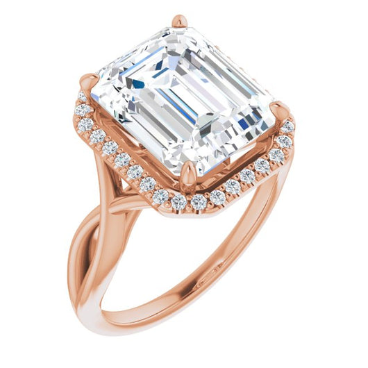 10K Rose Gold Customizable Cathedral-Halo Emerald/Radiant Cut Design with Twisting Split Band