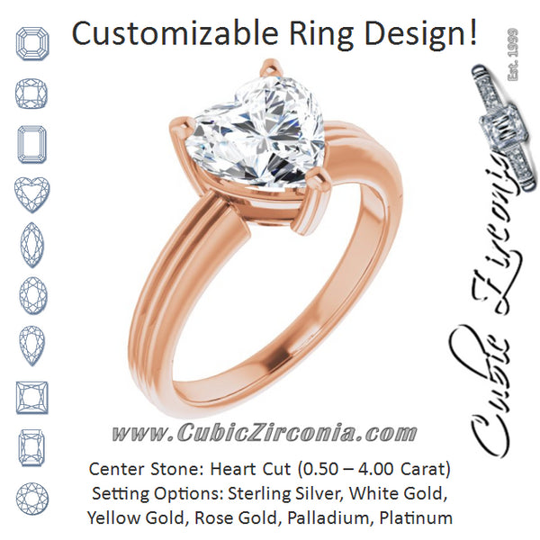 Cubic Zirconia Engagement Ring- The Davina (Customizable Heart Cut Solitaire with Double-Grooved Band)