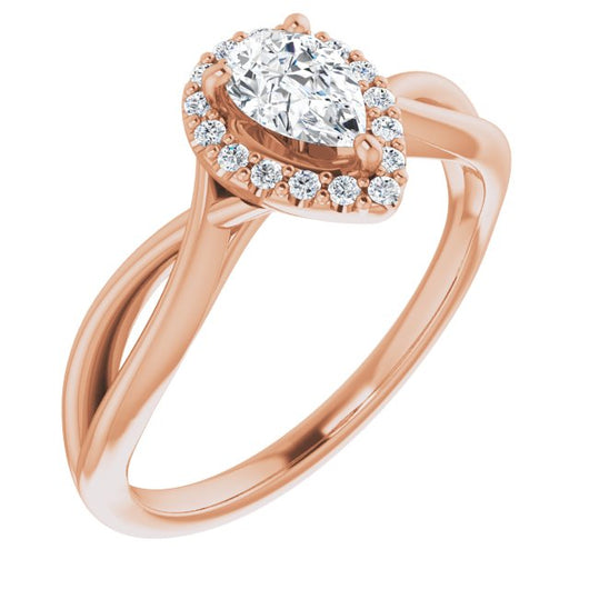 10K Rose Gold Customizable Cathedral-Halo Pear Cut Design with Twisting Split Band