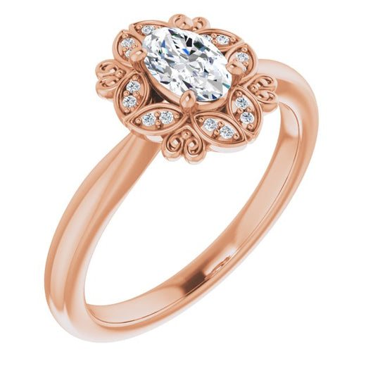 10K Rose Gold Customizable Oval Cut Design with Floral Segmented Halo & Sculptural Basket