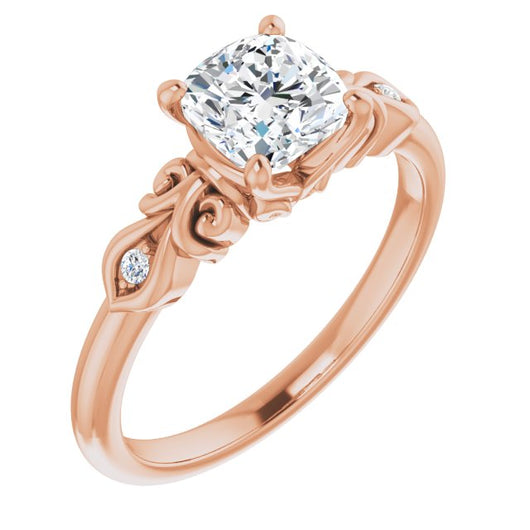 10K Rose Gold Customizable 3-stone Cushion Cut Design with Small Round Accents and Filigree