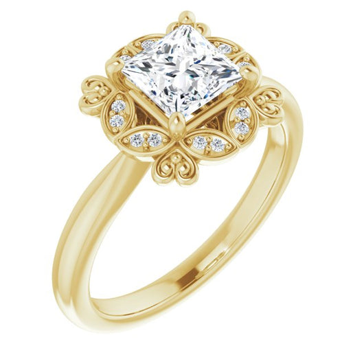 10K Yellow Gold Customizable Princess/Square Cut Design with Floral Segmented Halo & Sculptural Basket