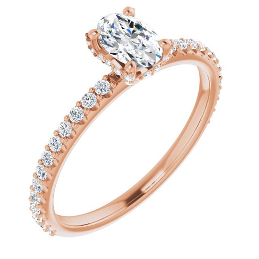 10K Rose Gold Customizable Oval Cut Design with Round-Accented Band, Micropav? Under-Halo and Decorative Prong Accents)