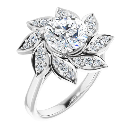 10K White Gold Customizable Round Cut Design with Artisan Floral Halo