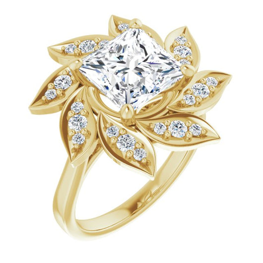 10K Yellow Gold Customizable Princess/Square Cut Design with Artisan Floral Halo