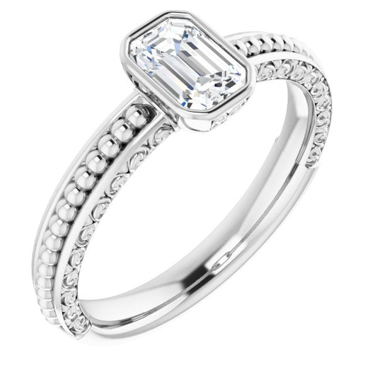 10K White Gold Customizable Bezel-set Emerald/Radiant Cut Solitaire with Beaded and Carved Three-sided Band