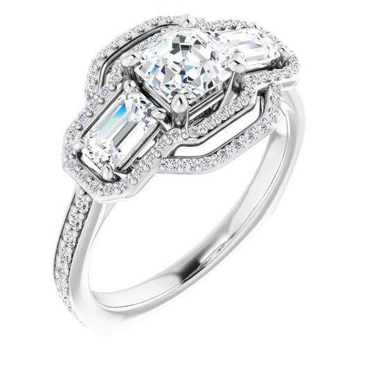 10K White Gold Customizable Enhanced 3-stone Style with Asscher Cut Center, Emerald Cut Accents, Double Halo and Thin Shared Prong Band