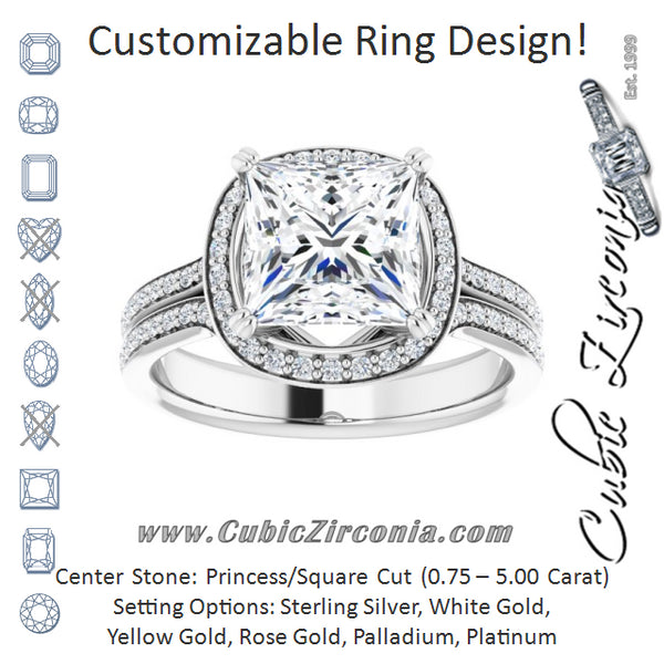 Cubic Zirconia Engagement Ring- The Kylee (Customizable Cathedral-set Princess/Square Cut Style with Split-Pavé Band)