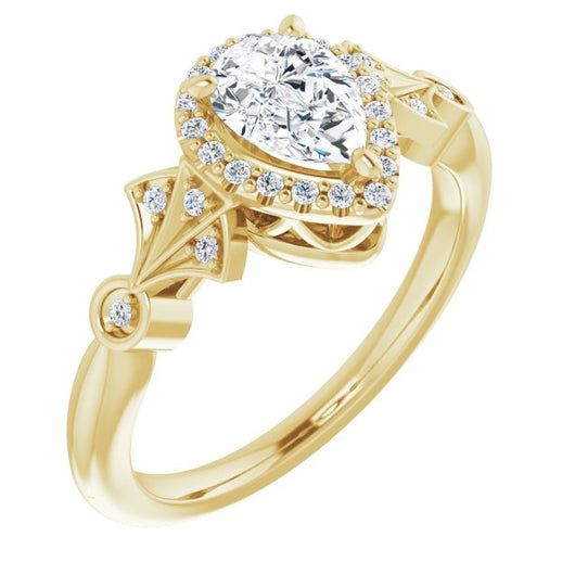 10K Yellow Gold Customizable Cathedral-Crown Pear Cut Design with Halo and Scalloped Side Stones