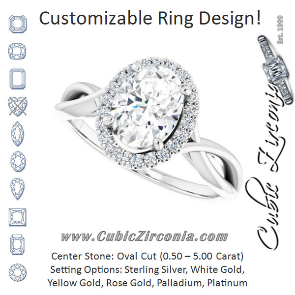 Cubic Zirconia Engagement Ring- The Yawén (Customizable Cathedral-Halo Oval Cut Design with Twisting Split Band)