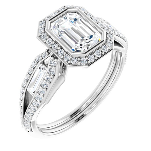 10K White Gold Customizable Cathedral-Bezel Emerald/Radiant Cut Design with Halo, Split-Pavé Band & Channel Baguettes