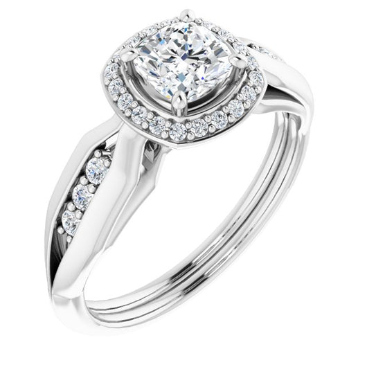 10K White Gold Customizable Cathedral-raised Cushion Cut Design with Halo and Tri-Cluster Band Accents