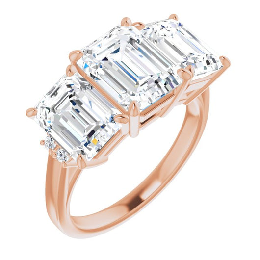 10K Rose Gold Customizable Triple Emerald/Radiant Cut Design with Quad Vertical-Oriented Round Accents