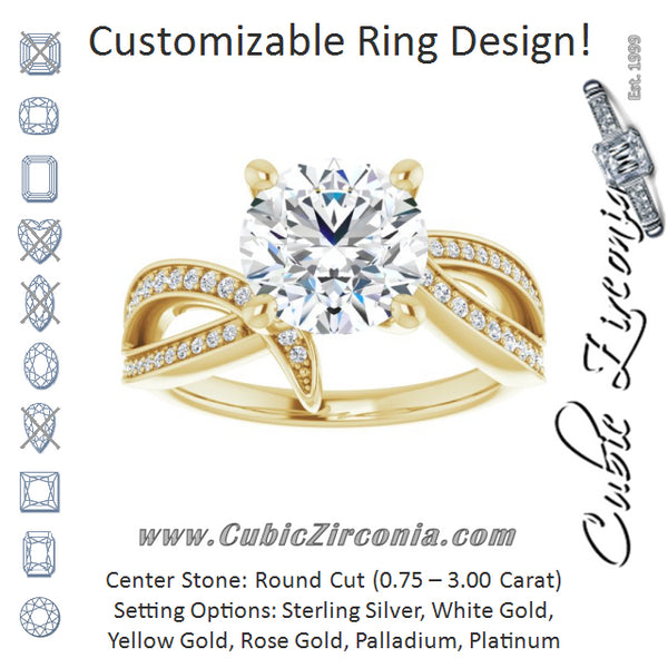 Cubic Zirconia Engagement Ring- The Vada (Customizable Round Cut Design with Swooping Shared Prong Bypass Band)