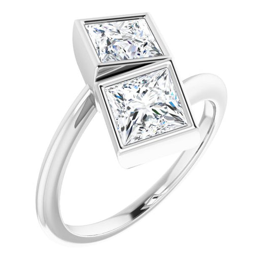 10K White Gold Customizable 2-stone Double Bezel Princess/Square Cut Design with Artisan Bypass Band