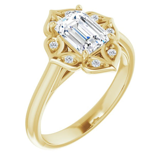 10K Yellow Gold Customizable Cathedral-raised Emerald/Radiant Cut Design with Star Halo & Round-Bezel Peekaboo Accents