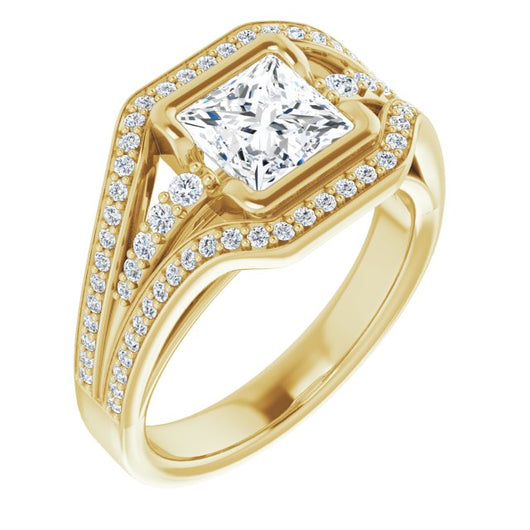 10K Yellow Gold Customizable Cathedral-Bezel Princess/Square Cut Design with Wide Triple-Split-Pavé Band