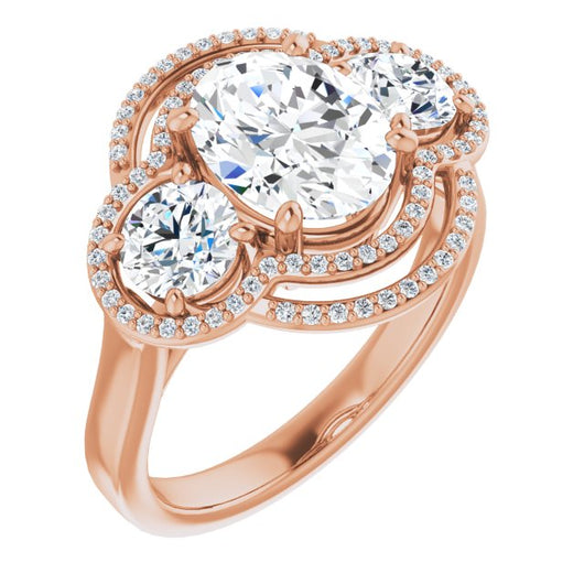 10K Rose Gold Customizable Cathedral-set Enhanced 3-stone Oval Cut Design with Multidirectional Halo