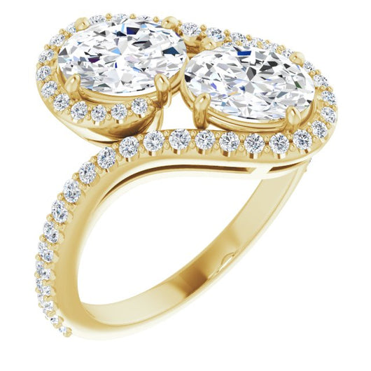 10K Yellow Gold Customizable Double Oval Cut 2-Stone Style Enhanced with Accented Artisan Bypass Band