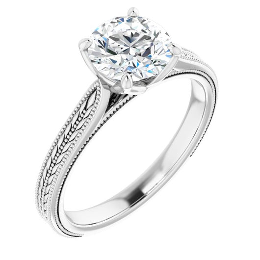 10K White Gold Customizable Round Cut Solitaire with Wheat-inspired Band 